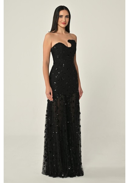 Straplez Göğüs Asimetrik Kesim Eteği Payetli Tül Abiye Elbise Alfa Beta modelleri