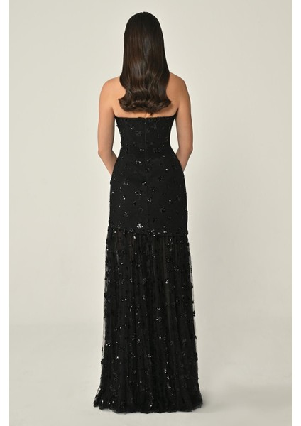 Straplez Göğüs Asimetrik Kesim Eteği Payetli Tül Abiye Elbise Alfa Beta fırsatları