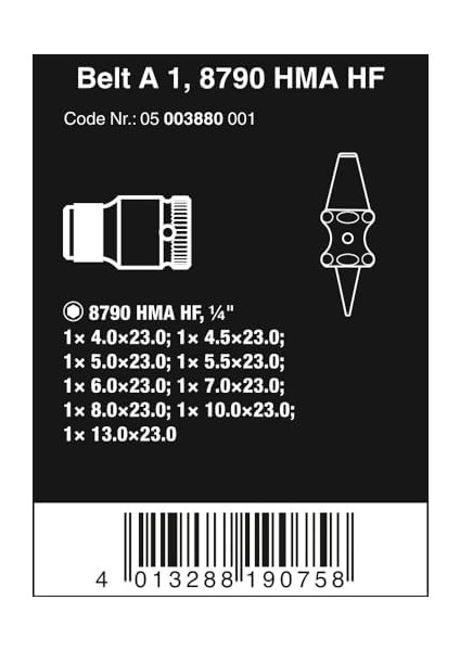 05003880001 Belt A 1 Zyklop Lokma Anahtar Seti, Tutma Fonksiyonlu, 1/4 Inç Tahrik, 10 Parça