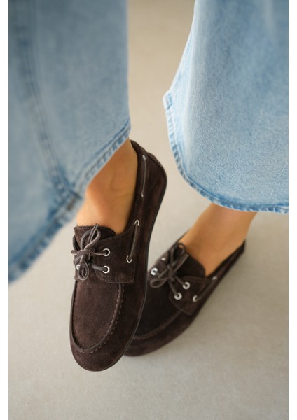 Lossy Hakiki Deri Bağcık Detayı Kadın Loafer- Acı Kahve