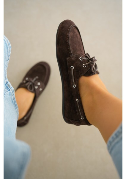 Lossy Hakiki Deri Bağcık Detayı Kadın Loafer- Acı Kahve