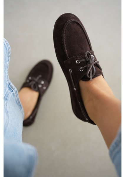 Lossy Hakiki Deri Bağcık Detayı Kadın Loafer- Acı Kahve