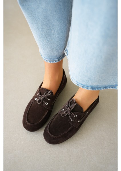 Lossy Hakiki Deri Bağcık Detayı Kadın Loafer- Acı Kahve