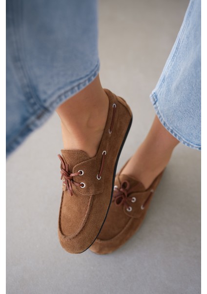 Lossy Hakiki Deri Bağcık Detayı Kadın Loafer- Taba