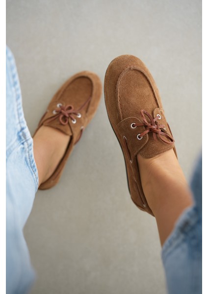 Lossy Hakiki Deri Bağcık Detayı Kadın Loafer- Taba