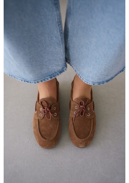 Lossy Hakiki Deri Bağcık Detayı Kadın Loafer- Taba