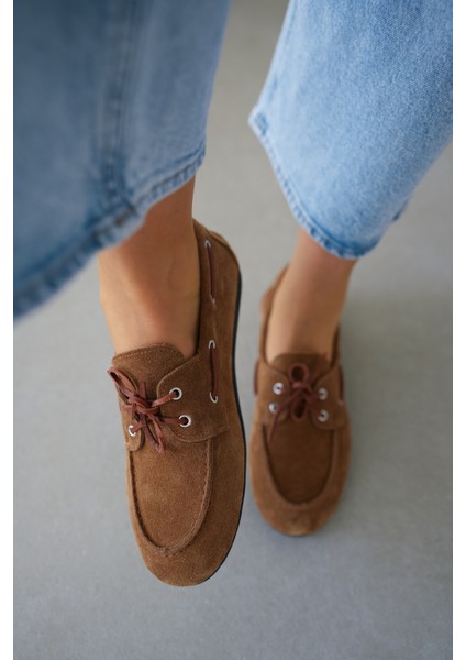 Lossy Hakiki Deri Bağcık Detayı Kadın Loafer- Taba