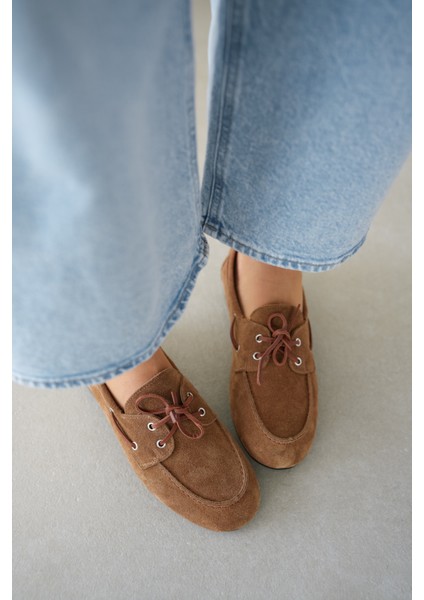 Lossy Hakiki Deri Bağcık Detayı Kadın Loafer- Taba