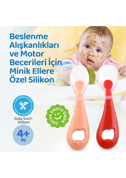 Silikon Bebek Mama Kaşık Seti, Diş Kaşıyıcı, 2 Li Set, Kırmızı Pembe