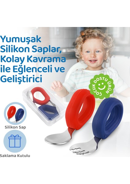 Bebek Çatal Kaşık Seti, Paslanmaz Çelik, Silikon Saplı, Mavi Kırmızı
