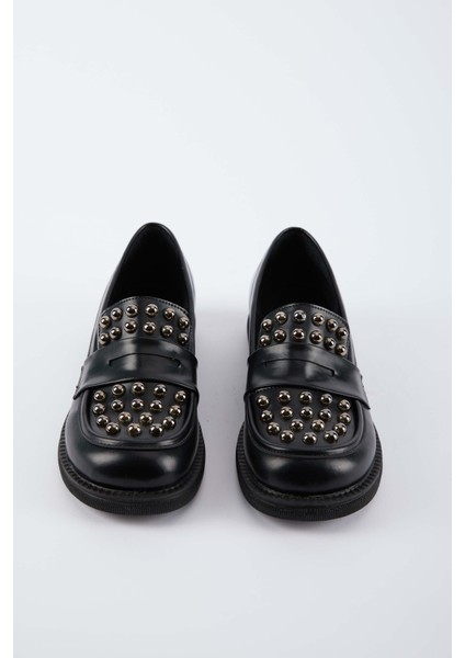 Mendy Ince Tabanlı Zımba Detaylı Kadın Loafer- Siyah