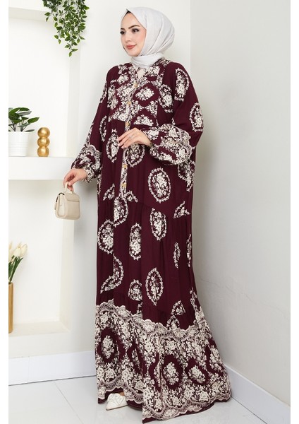 Giral Dokuma Viskon Elbise 1543 - Mürdüm