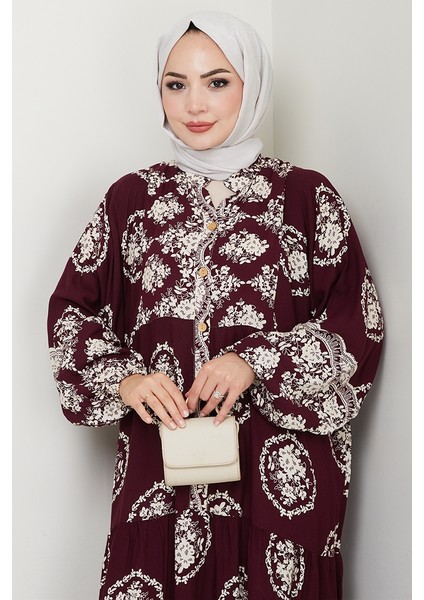 Giral Dokuma Viskon Elbise 1543 - Mürdüm fiyatları