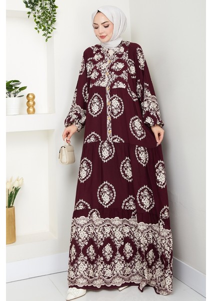 Giral Dokuma Viskon Elbise 1543 - Mürdüm modelleri