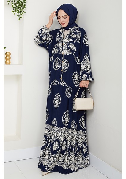 Giral Dokuma Viskon Elbise 1543 - Lacivert