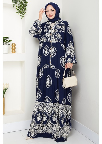 Giral Dokuma Viskon Elbise 1543 - Lacivert modelleri