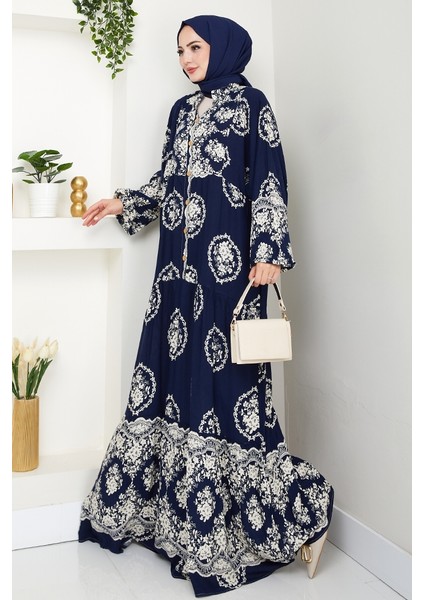 Giral Dokuma Viskon Elbise 1543 - Lacivert indirimleri