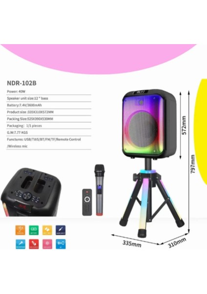 Bluetooth Hoparlör Standlı/ışıklı/kumandalı/mikrofonlu 40W - 3600 Mah Yüksek Performans
