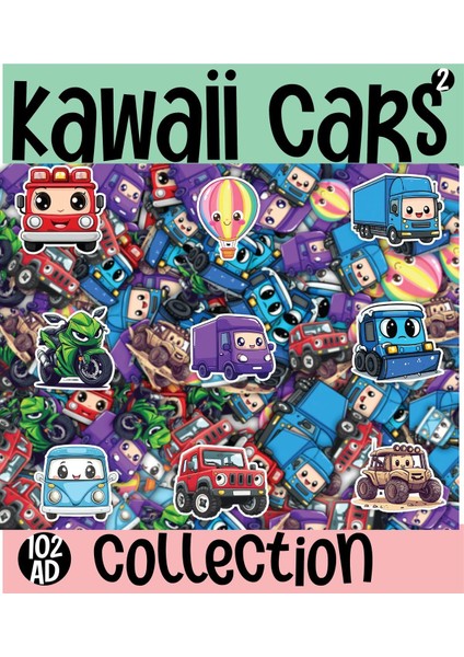 Kawaii Cars( Araçlar ) Temalı 2 Sayfa A4 97 Adet Sticker Set