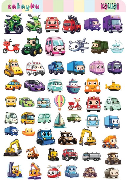 Kawaii Cars( Araçlar ) Temalı 2 Sayfa A4 97 Adet Sticker Set fiyatları