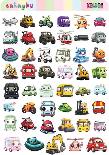Kawaii Cars( Araçlar ) Temalı 2 Sayfa A4 97 Adet Sticker Set modelleri