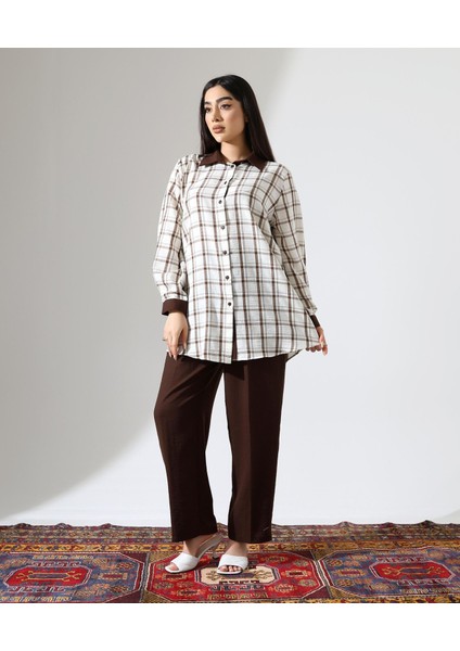 Kadın Ekoseli Oversize Gömlek ve Pantolon Tesettür Takımı