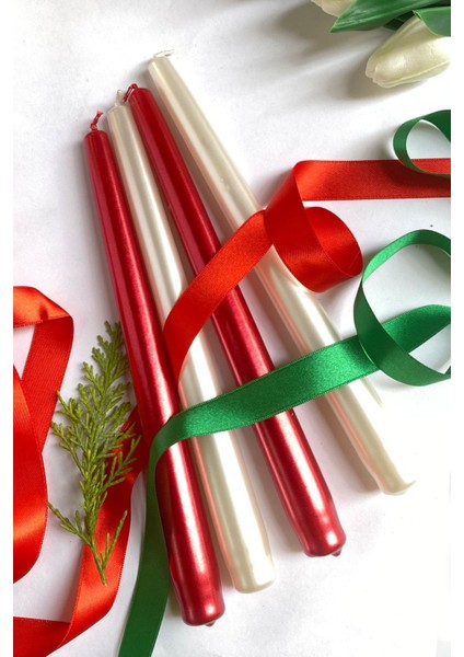 Premium Yılbaşı Özel Kırmızı + Beyaz Renk Sedefli Kokulu Konik Şamdan Mum - 4'lü Set