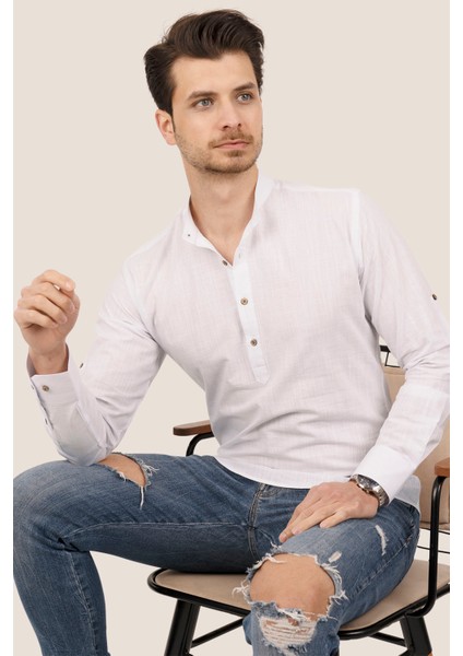 Beyaz Hakim Yaka Keten Üç Düğmeli Erkek Gömlek fiyatları