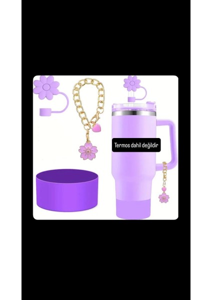 Quencher 30 - 40 Oz Pipetli Termos 3’lü Aksesuar Seti Silikon Taban Koruyucu, Pipet Kapağı, Charm