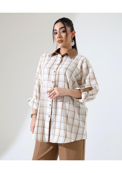 Kadın Ekoseli Oversize Gömlek ve Pantolon Tesettür Takımı