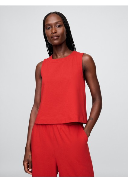 Kadın Kırmızı Organik Pamuk Heavyweight Crop Bluz