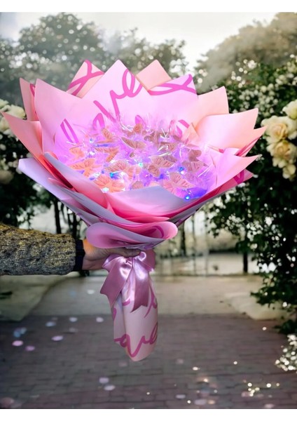 Pembe Love Ambalajlı Kelebek Buketi Anneye Sevgiliye Arkadaşa Hediye