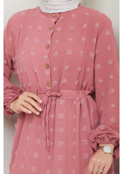 Katlı Ponponlu Ayrobin Elbise 1550 - Gül Kurusu