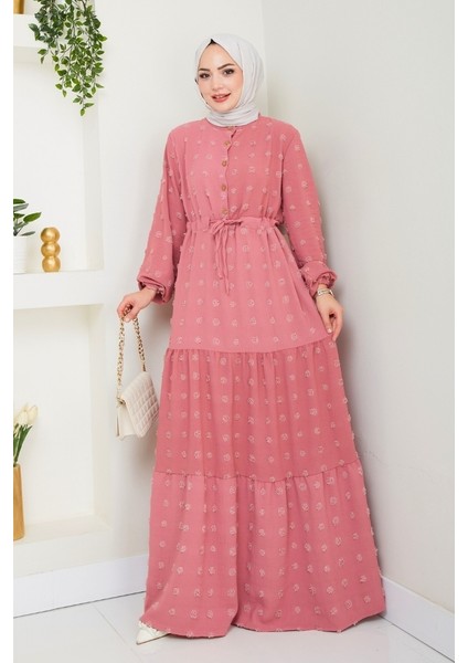 Katlı Ponponlu Ayrobin Elbise 1550 - Gül Kurusu modelleri