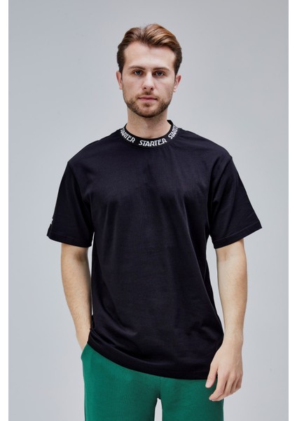 Sanders Siyah Bisiklet Yaka Boynu Lastikli Oversize Erkek Tshirt