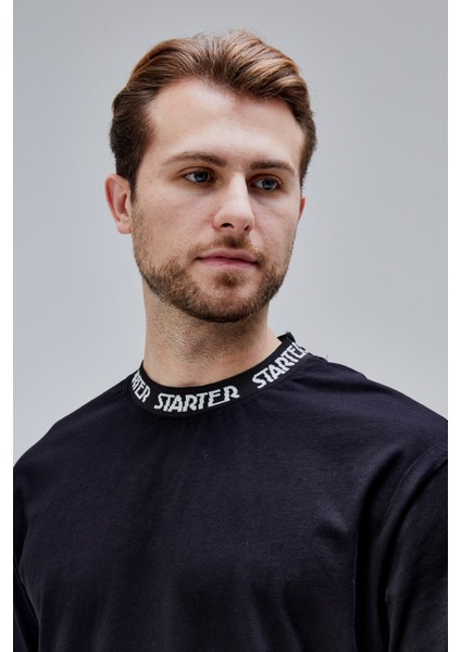 Sanders Siyah Bisiklet Yaka Boynu Lastikli Oversize Erkek Tshirt