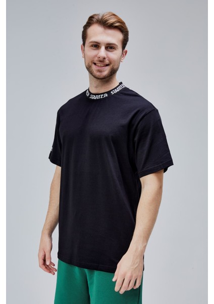 Sanders Siyah Bisiklet Yaka Boynu Lastikli Oversize Erkek Tshirt