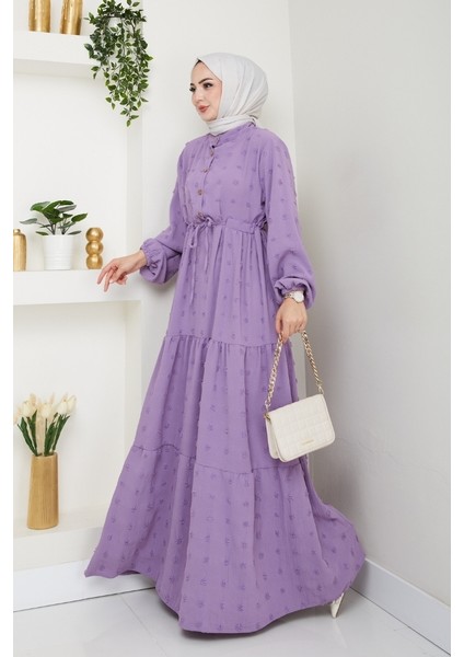 Katlı Ponponlu Ayrobin Elbise 1550 - Lila