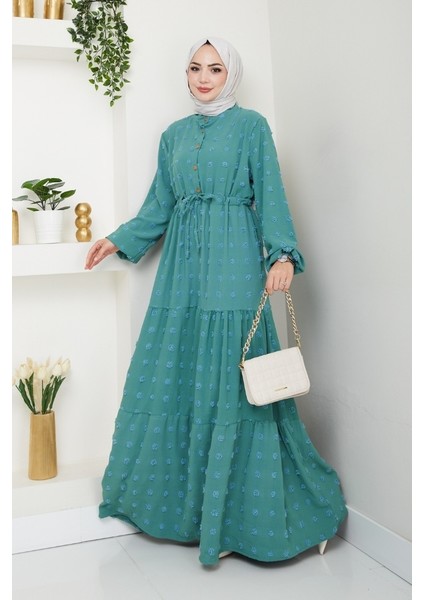 Katlı Ponponlu Ayrobin Elbise 1550 - Mint