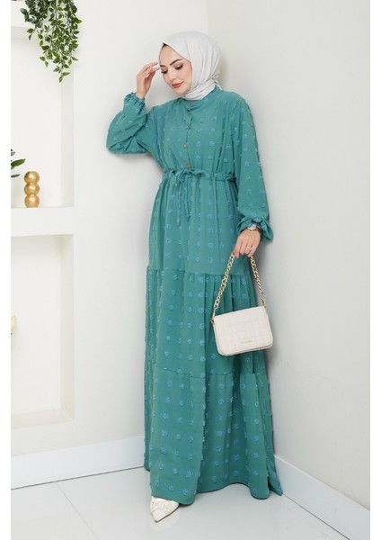Katlı Ponponlu Ayrobin Elbise 1550 - Mint