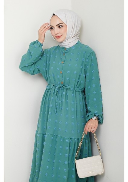 Katlı Ponponlu Ayrobin Elbise 1550 - Mint