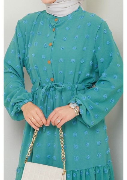 Katlı Ponponlu Ayrobin Elbise 1550 - Mint