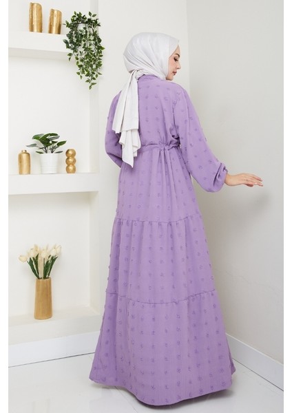 Katlı Ponponlu Ayrobin Elbise 1550 - Lila