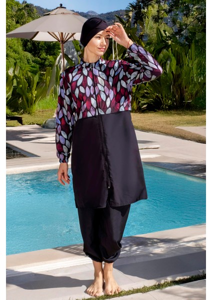 Tam Kapalı Paraşüt Kumaş Crop Model Damla Desenli Tesettür Mayo - 2526