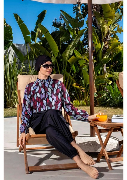 Tam Kapalı Paraşüt Kumaş Crop Model Damla Desenli Tesettür Mayo - 2526 modelleri