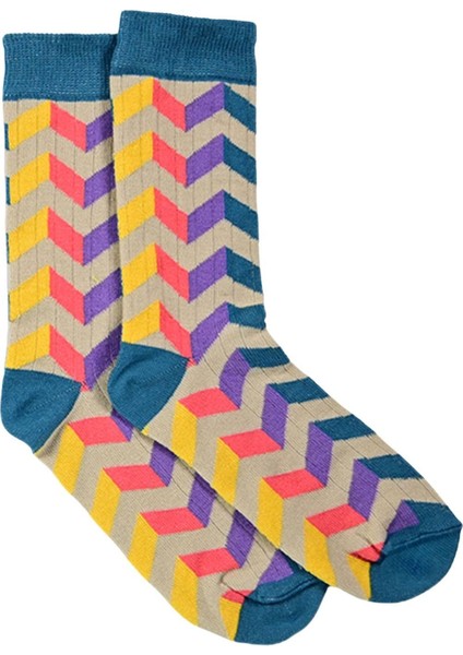 Kadın Yeşil-Mor Zikzak Desenli Soket Çorap