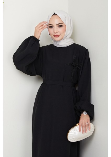 Broş Detaylı Ayrobin Elbise 1545 - Siyah