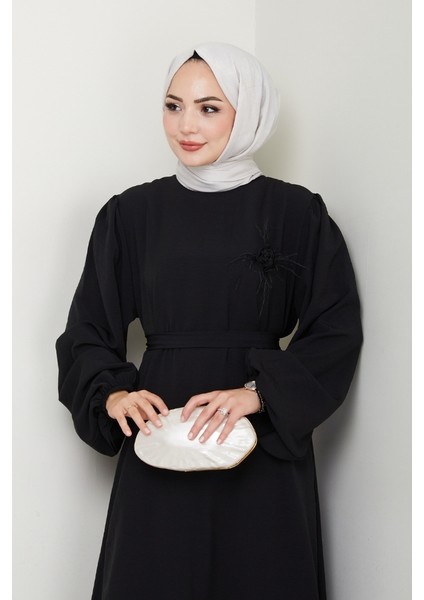Broş Detaylı Ayrobin Elbise 1545 - Siyah