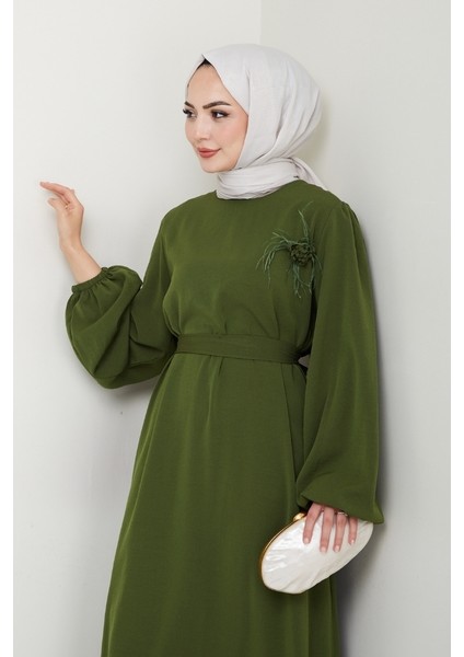 Broş Detaylı Ayrobin Elbise 1545 - Haki