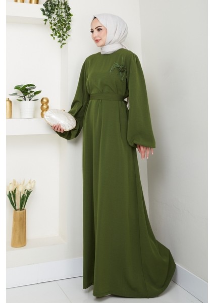 Broş Detaylı Ayrobin Elbise 1545 - Haki